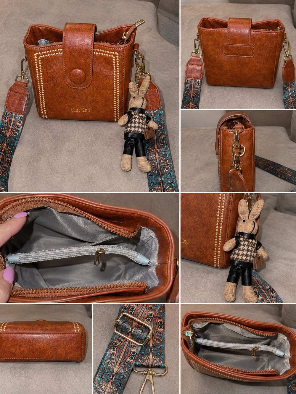 chic Cognac Brown Crossbody Bag with Patterned Strap